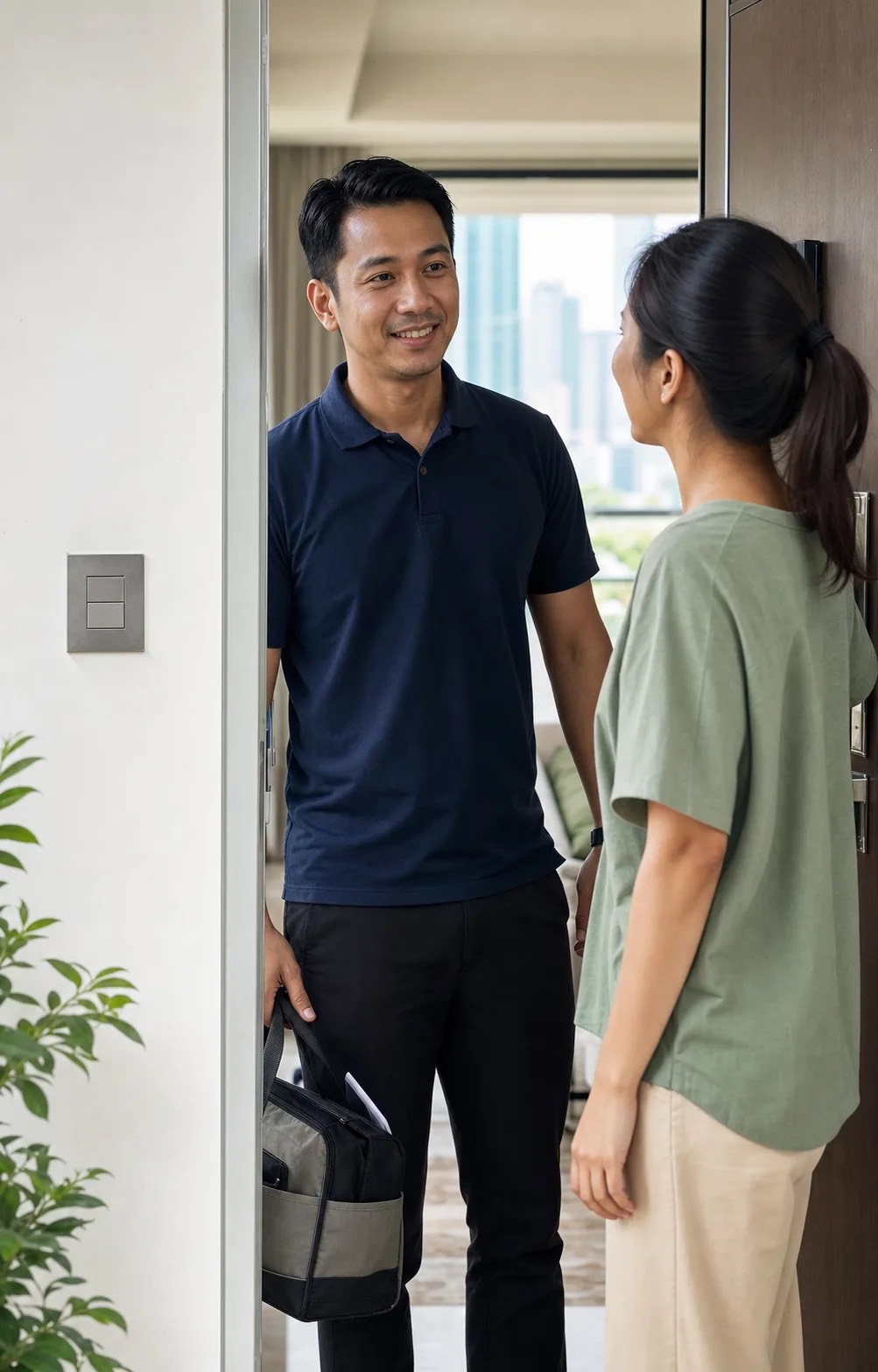 A client greeting a local service provider at an apartment door